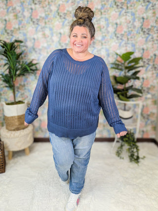 Polly Open Knit Long Sleeve Sweater in Denim Blue-2- Long Sleeve Tops-WHITE BIRCH-Styled by Stacked - A Plus Size Women's Boutique in Lakeville, MN