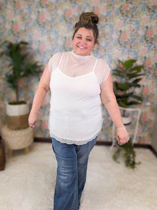 Arden Mockneck Swiss Dot Sheer Top w/Cami-1- ShortSlv/Slvless Tops-WHITE BIRCH-Styled by Stacked - A Plus Size Women's Boutique in Lakeville, MN