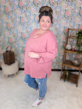 Cassie Vneck Button Sleeve Pocket Tee (2 colors)