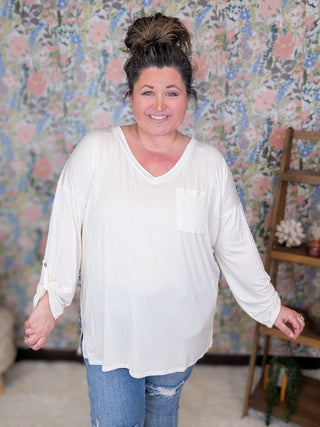 Cassie Vneck Button Sleeve Pocket Tee (2 colors)