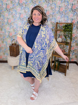 Dahlia Lavender Paisley Kimono on Butter Yellow