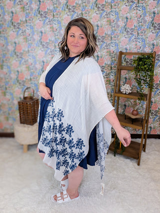 Indigo Ivory + Navy Embroidered Open Side Kimono
