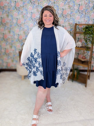 Indigo Ivory + Navy Embroidered Open Side Kimono