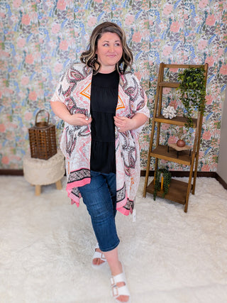 Zinnia Paisley Kimono in Pink, Orange + Black