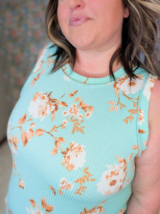 Caterina High Neck Floral Tank in Aqua