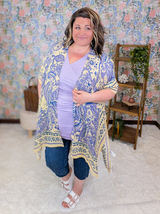 Dahlia Lavender Paisley Kimono on Butter Yellow