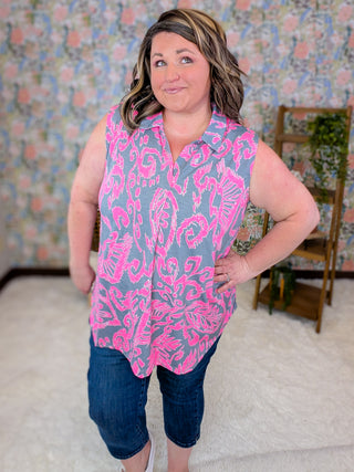 Nola Slitneck Collared Tank in Gray + Pink