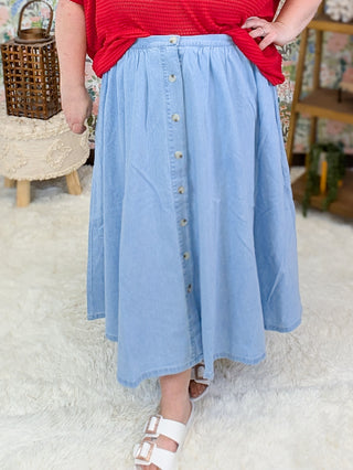 Cypress Button Detail Denim Midi Skirt