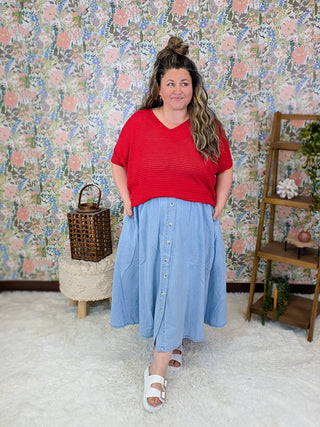 Cypress Button Detail Denim Midi Skirt