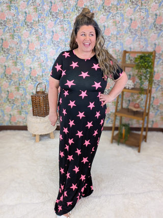11- Dress/Romp/Jump Kelsey Short Sleeve Maxi Dress in Black + Pink Stars plus size clothing