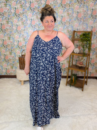 Florence Leaf Print Maxi Dress in Navy