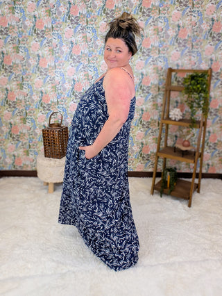 Florence Leaf Print Maxi Dress in Navy