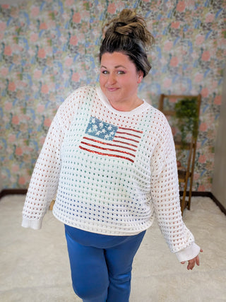 Wave Your Flag Summer Weight Sweater w/Sequin Flag