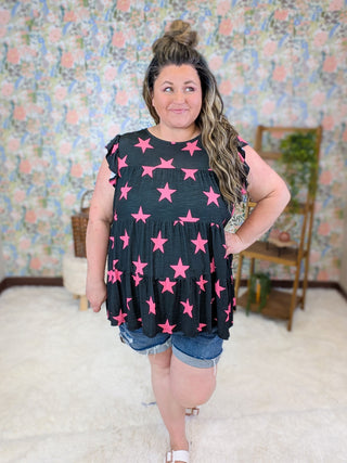 Maisey Tiered Short Sleeve Top in Black w/Pink Stars