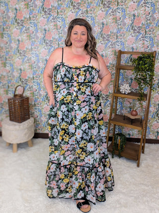 Maddie Smocked Maxi in Wildflowers on Black
