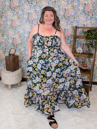 Maddie Smocked Maxi in Wildflowers on Black