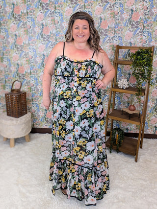 Maddie Smocked Maxi in Wildflowers on Black