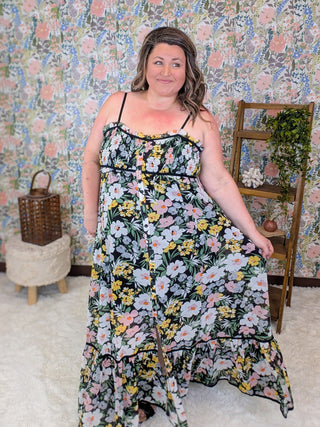 Maddie Smocked Maxi in Wildflowers on Black