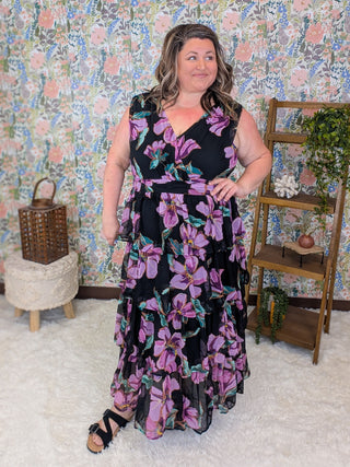 Evangeline Tiered Purple Floral Dress  on Black
