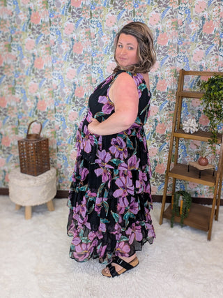 Evangeline Tiered Purple Floral Dress  on Black