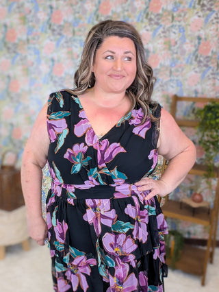 Evangeline Tiered Purple Floral Dress  on Black