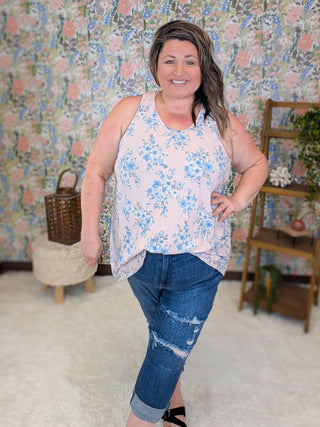 Claudia Lace Back Floral Tank in Pink + Blue