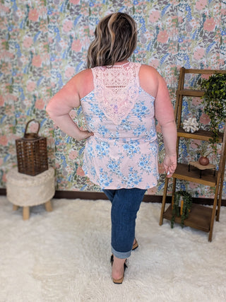 Claudia Lace Back Floral Tank in Pink + Blue