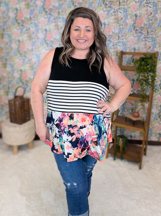 Coralyn Floral, Stripe & Black Blocked Tank