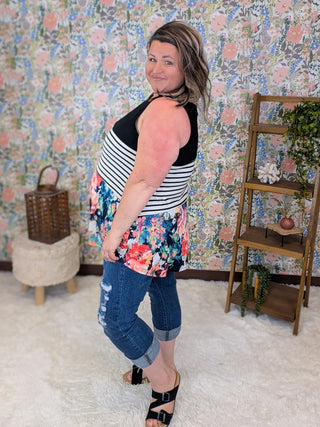 Coralyn Floral, Stripe & Black Blocked Tank