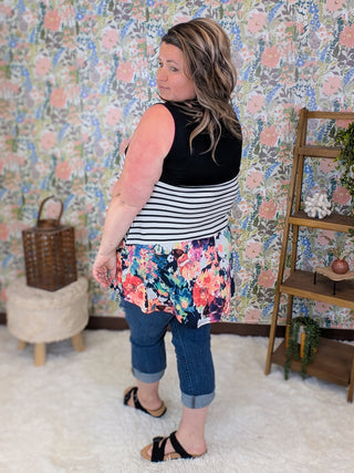 Coralyn Floral, Stripe & Black Blocked Tank