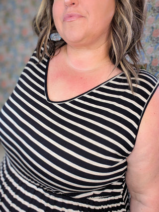 Agatha Tieback Striped Dress in Black + Oatmeal