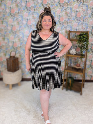 Agatha Tieback Striped Dress in Black + Oatmeal