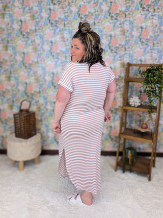Jules Maxi Vneck Dress in Blush Mauve Stripes