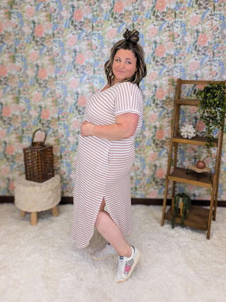 Jules Maxi Vneck Dress in Blush Mauve Stripes