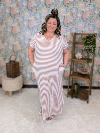 Jules Maxi Vneck Dress in Blush Mauve Stripes