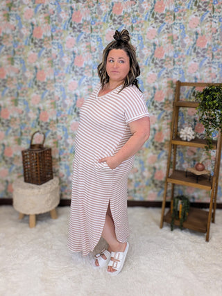 Jules Maxi Vneck Dress in Blush Mauve Stripes