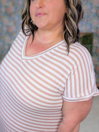 Jules Maxi Vneck Dress in Blush Mauve Stripes