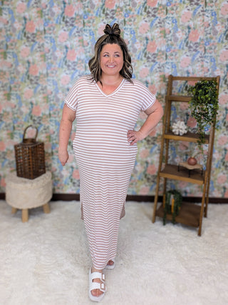 Jules Maxi Vneck Dress in Blush Mauve Stripes