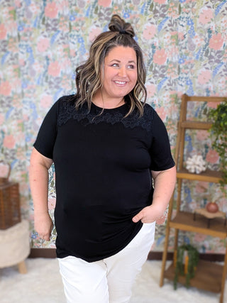 Brighton Lace Topped Short Sleeve Tee in Black
