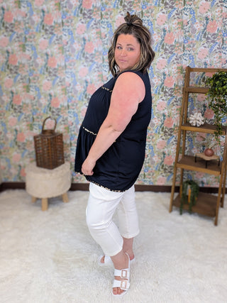 Ramona Tiered Tank w/Leopard Accents in Navy