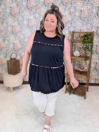 Ramona Tiered Tank w/Leopard Accents in Navy