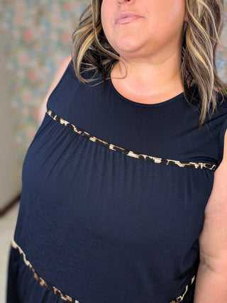Ramona Tiered Tank w/Leopard Accents in Navy