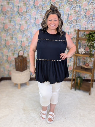 Ramona Tiered Tank w/Leopard Accents in Navy