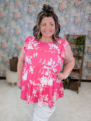 Rita Flutter Sleeve Tiered Top in Hot Pink Floral