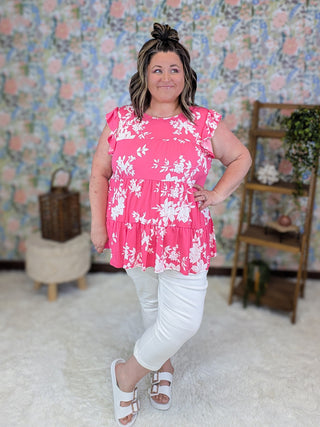 Rita Flutter Sleeve Tiered Top in Hot Pink Floral
