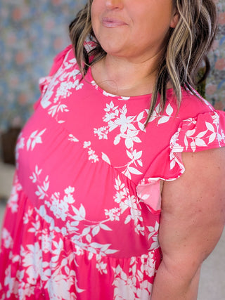 Rita Flutter Sleeve Tiered Top in Hot Pink Floral