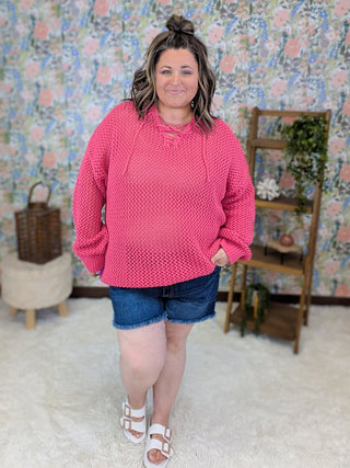 Caitlin Hooded Open Knit Sweater in Magenta