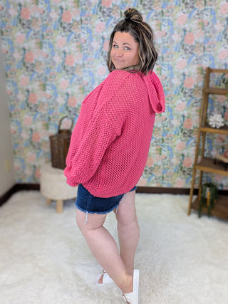 Caitlin Hooded Open Knit Sweater in Magenta