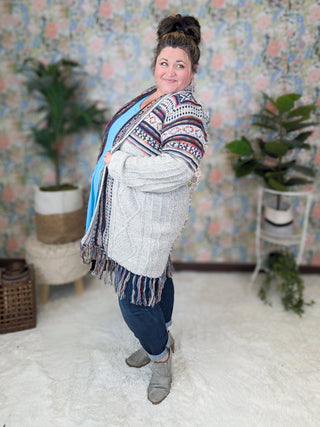 Sabrina Fringed Duster Cardigan in Gray + Navy Blend-4- Overlayer Tops-HAPTICS-Styled by Stacked - A Plus Size Women's Boutique in Lakeville, MN
