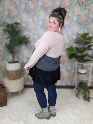 Julia Vneck Tiered Long Sleeve Colorblock Top (2 Colors)-2- Long Sleeve Tops-HEIMISH-Styled by Stacked - A Plus Size Women's Boutique in Lakeville, MN